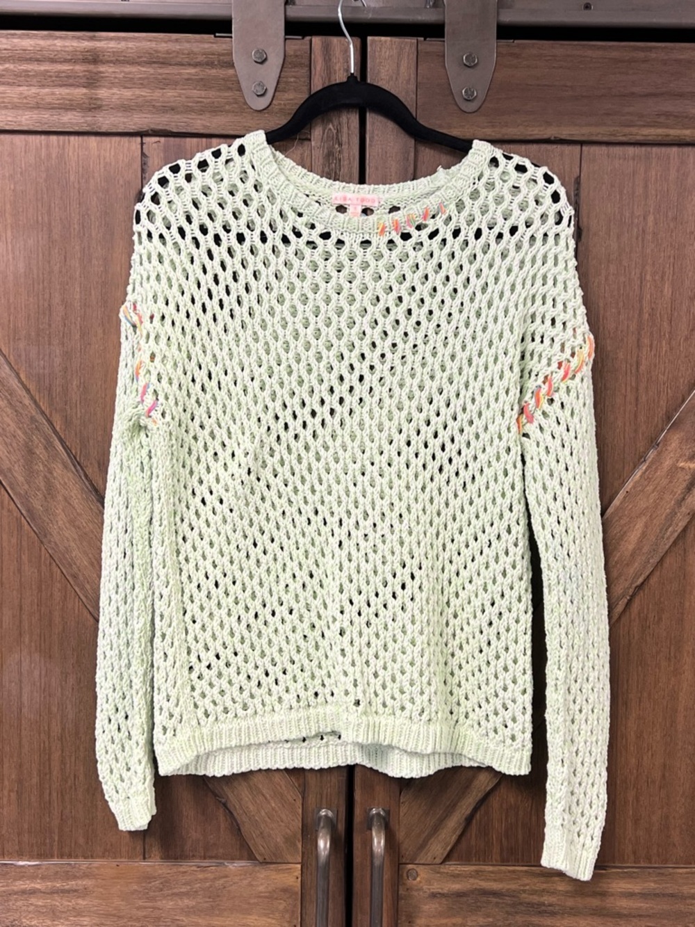 LISA TODD Twister Crewneck Crochet Resort Sweater Neon Sour Apple Size Small - Picture 3 of 8